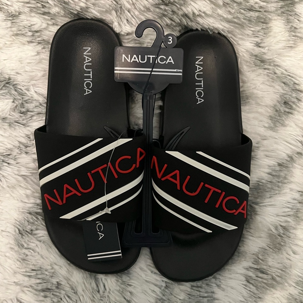 Nautica Black Slides with Red Logo and White Stripes
